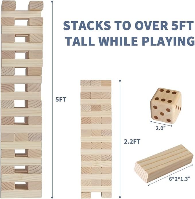 Giant Tumble Tower Family Games for Kids and Adults 60 Blocks New Zealand Pine Wooden Blocks Stacking Up to 5 FT for Indoors Outdoors Yard Games for Family