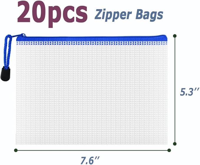 AUSTARK 20Pcs Board Games Storage Bags, PVC Mesh Zipper Pouches, Zippered File Bags, Plastic Waterproof Storage Bags for Office School Home Travel Cosmetic (B6 Size 7.6 x 5.3 Inches, White and Blue)
