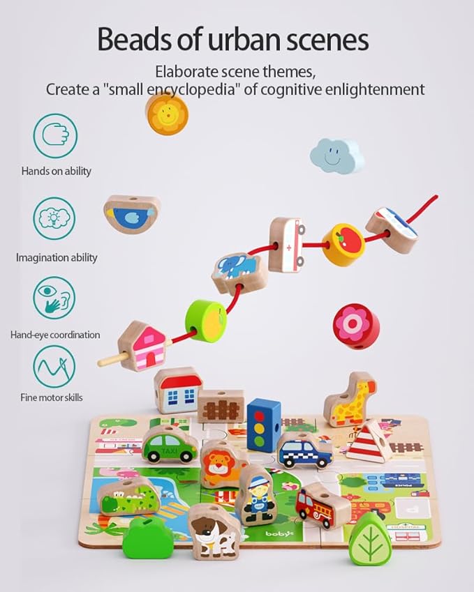 24-Piece Real Wood Bead Threading Puzzle Blocks with Traffic Scenario Game Board - Kids' Educational Toy Set with 2 Stringing Sticks & Cotton Storage Bag(Ages 3-6)