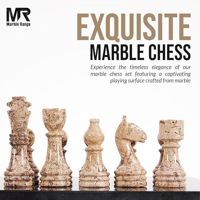 Marble Chess Set 15 Inch Handmade Black & Coral Board Game with Storage Box, Classic Travel Chess Set for Adults with Pieces & 2 Extra Queens, Elegant Gift & Home Décor