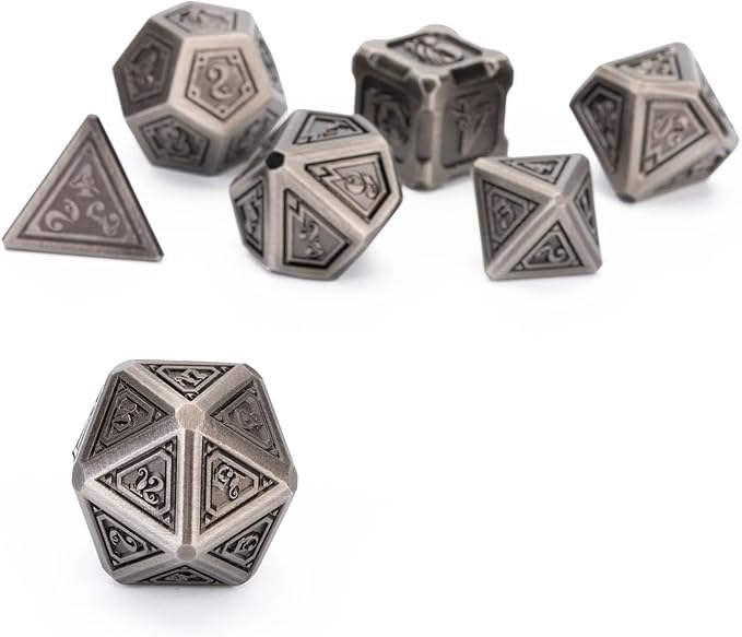 Metal dice 7 pcs DND Dice Set with Beautiful Gift Box for Dungeons and Dragons MTR PRG Tabletop Games (Silver-Grey)