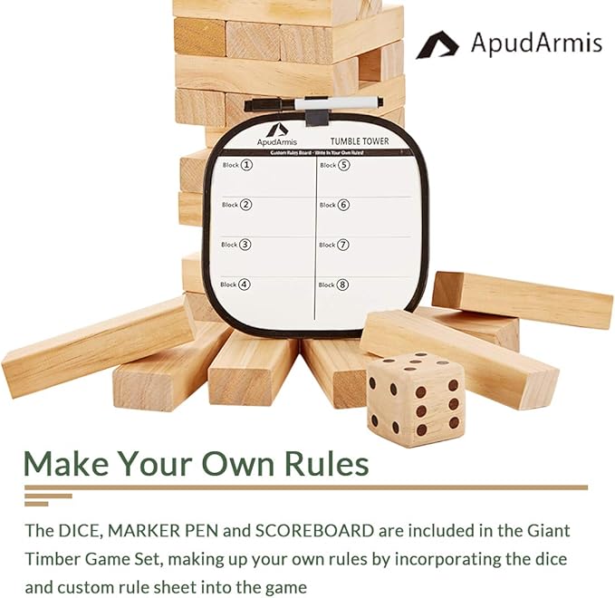 ApudArmis 54 PCS Tumble Timber Set [Stack to 3FT], Pine Wooden Tumble Tower Game with Dice and Scoreboard Set - Classic Block Stacking Board Game for Teens Children Teenagers