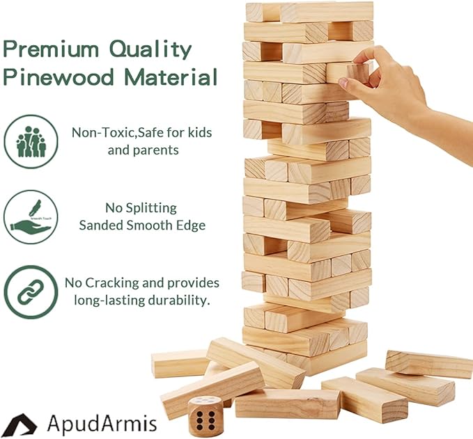 ApudArmis 54 PCS Tumble Timber Set [Stack to 3FT], Pine Wooden Tumble Tower Game with Dice and Scoreboard Set - Classic Block Stacking Board Game for Teens Children Teenagers
