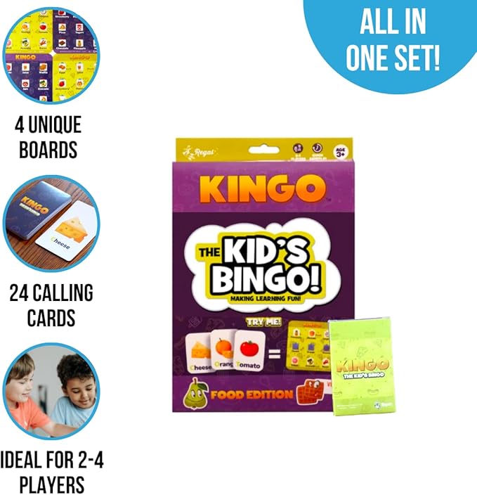 Regal Games Kingo Foods Edition Bingo Game for Kids - Fun Educational Learning for Preschool & Kindergarten - Phonics, Vocabulary Builder & Sight Word Game for Classroom & Home
