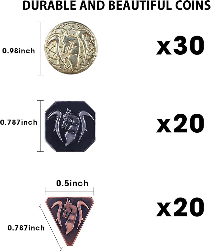 70PCS Metal DND Coins & PU Leather Bag, Contains 30 Gold, 20 Silver & 20 Copper Coins, Fantasy Board Game Tokens with Retro Leather Pouch