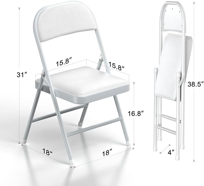 Nazhura 4 Pack Folding Chairs with Padded Cushion and Back, Khaki Metal Chairs with Comfortable Cushion and Durable Steel Frame for Home and Office, for Indoor and Outdoor Events (White, 4 Pack)