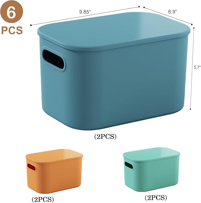 6 Pack Colorful Storage Bins with Lids Stackable Storage Container for Organizing, Storage Boxes with Handle for Shelves, Cute Storage Bin for Craft, Snacks, 9.85x6.9x5.7 inch