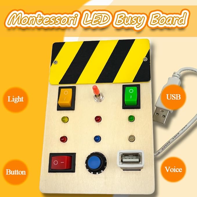 Wooden Fidget Toy Toddler Toys for Kids, Toddler Busy Board with 6 LED Lights Switches, Sensory Toys for Toddlers 3-4, Battery Powered Kids Toys Toddler Gifts, Learning Toys