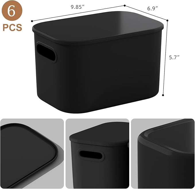 6 Pack Black Storage Bins with Lids Stackable Storage Container for Organizing, Black Storage Boxes with Handle for Shelves, Cute Organizer Bins for Craft, Snacks, 9.85x6.9x5.7 inch