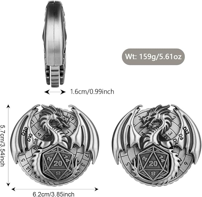 Spinner DND Dice Set, 7-in-1 Fingertip Gyro Metallic DND Dice, DND Starter Set, Dragon Dice Spinner for DND Dice Set, D&D Gifts with Gift Box, Role Playing Game Board Game Accessories, Dark Silver