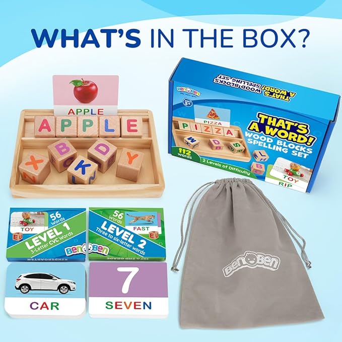 BenBen Spelling Games with Flash Cards, Montessori Toys for 3 4 5 6 Years Old Kids, Wooden Matching Letters Games, CVC Word Educational Learning Toys, Gift for Preschool Kindergarten