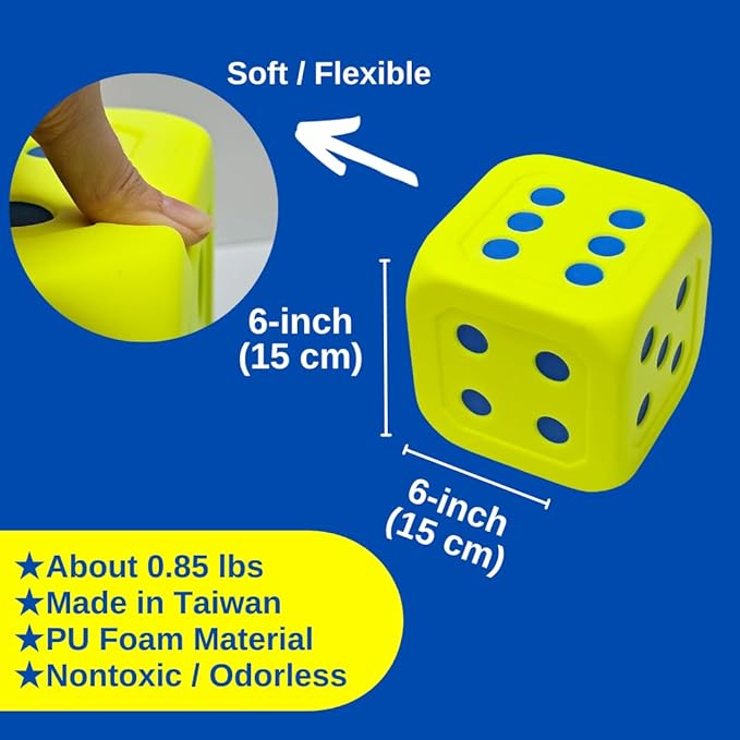 Macro Giant 6 Inch PU Foam Jumbo Big Playing Dice, Set of 2, Neon Yellow, Math Teaching, Teaching Aids, Board Games, Kid Toy