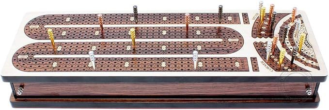 Continuous Cribbage Board/Box Inlaid in Maple/Rosewood : 4 Track - Side Drawers with Score Marking Fields for Skunks, Corners and Won Games