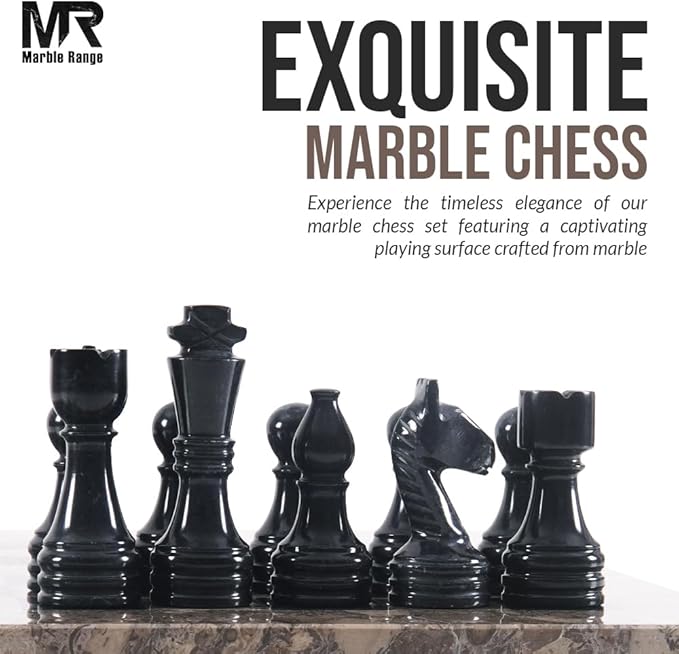 Marble Chess Set 15 Inch Handmade Oceanic & Black Board Game with Storage Box, Classic Travel Chess Set for Adults with Pieces & 2 Extra Queens, Elegant Gift & Home Décor
