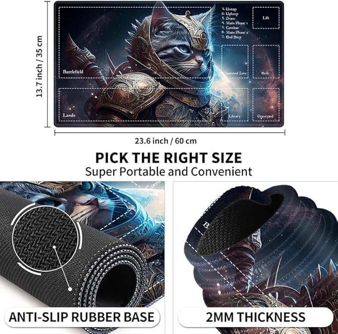 Playmat with Zones for MTG Card Game Playing, 24"x14" Commander Deck Gaming Desk Duel Mat for Beginner, Cat Warrior Space