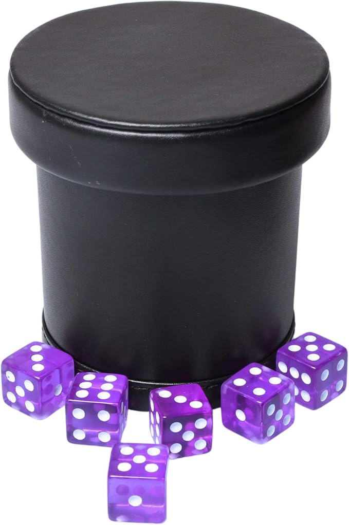 PU Leather Dice Cup with Lid, Purple Velvet Interior Quiet Dice Shaker Cup Including 6 Purple Translucent Dice for Liars Dice/ Farkle/ Yahtzee Games, 1 Pack