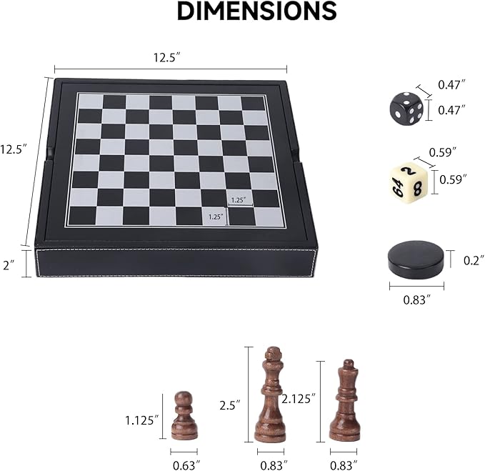 GSE Games & Sports Expert 12.5" Premium Leather 3-in-1 Chess, Checker and Backgammon Board Game Combo Set, Classic Board Strategy Game for Kids & Adults