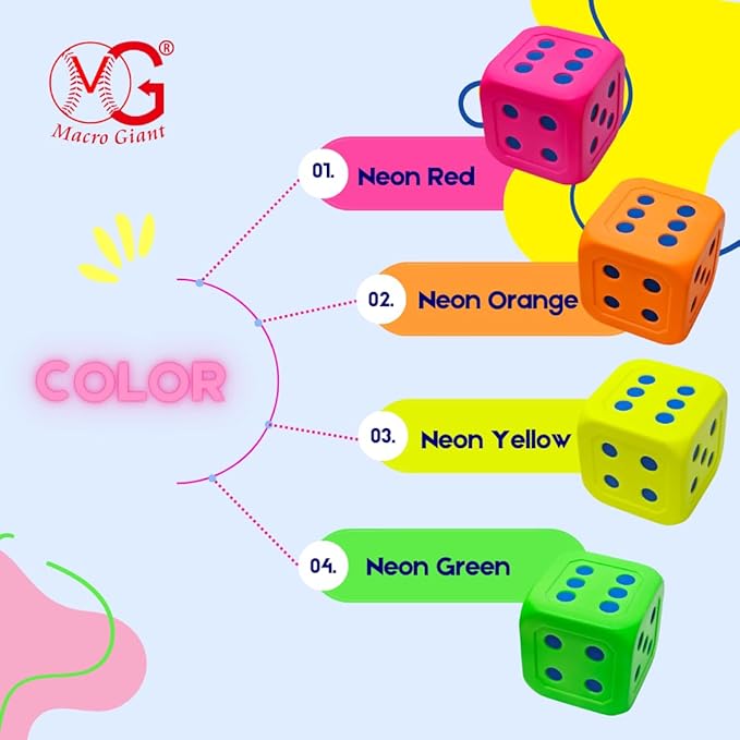 Macro Giant 6 Inch Soft Foam Jumbo Big Playing Dice, Set of 4,Neon Color, Math Teaching, Teaching Aids, Board Games, Kid Toy