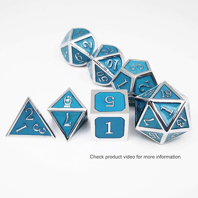 Haxtec Glow in The Dark Metal Dice Set D&D Glowing Blue Silver W/Dragon Dice Bag 7 Die D&D Dice Set for Dungeons and Dragons RPG
