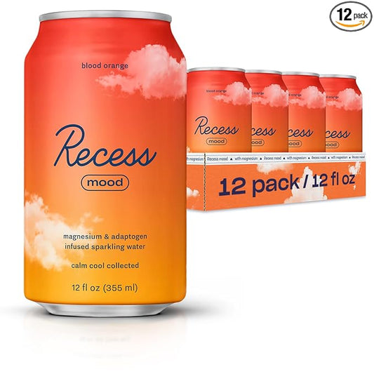 Recess Mood Magnesium & Adaptogen Drink, Relaxation Beverage, 12 ounce (Blood Orange, 12 pack)