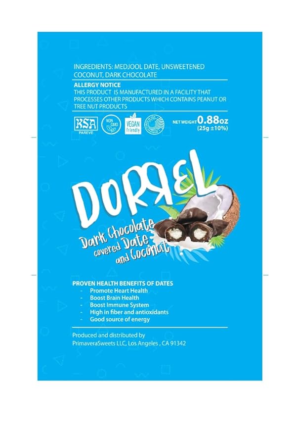 DORREL - Belgian Dark Chocolate Covered Dates (Medjool) with Coconut Stuffing, High Energy Vegan Choco Snack, Delicious, Kosher & Non-GMO, Pack of 1 Stuffed Chocolate Dates, 7.05 oz / 200 g Ea