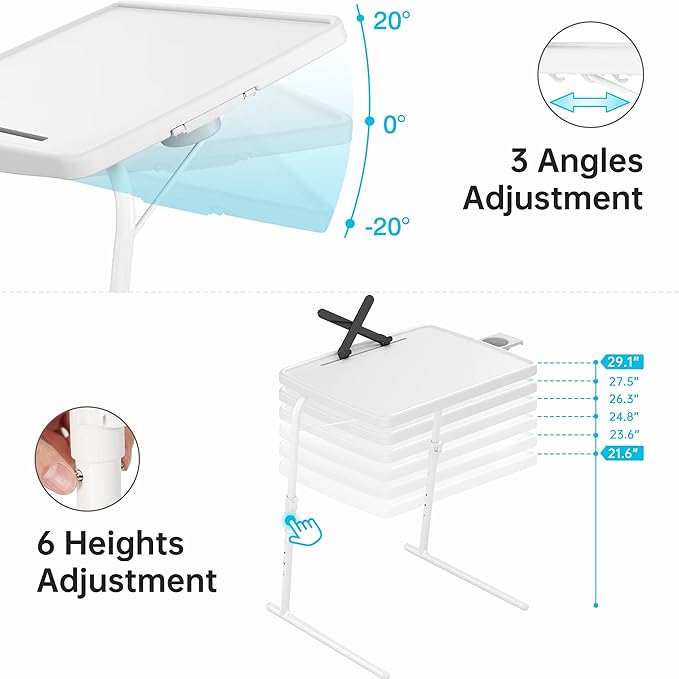 Allpop X TV Tray Table, TV Dinner Tray for Eating, Large Adjustable Folding Laptop Table with Book Stand, Cup Holder & Tablet Slot on Couch & Bed with 6 Heights & 3 Tilt Angles, White