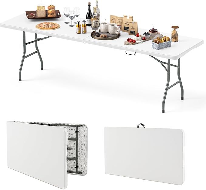 Goplus 8ft Plastic Folding Table, 350 LBS Outdoor Heavy Duty Folding Tables with HDPE Tabletop, Handle, Lock, Foldable Rectangle Portable Utility Card Table for Picnic, Party, Camping, Dining