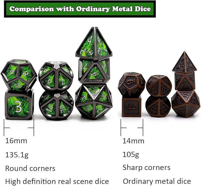 Haxtec Metal Dice Set D&D Acid Splash Real Scene Black Green Polyhedral DND Dice W/PU Leather Dragon Eye Dice Bag for TTRPG Dungeons and Dragons Gifts