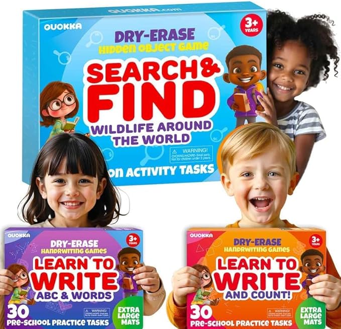 QUOKKA Busy Book Handwriting Practice for Kids - Search & Find - Activity Cards for Kids 3-8 – Reusable Mats with Dry-Erase Marker, Explore 20 Topics, Road Trip Activities, and Travel Games