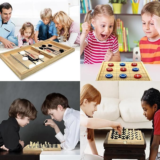 4-in-1 Sling Puck Game Set Super Winner Sling Puck Set, Chess, Checkers, Tic Tac Toe Games, Portable Folding Tabletop Chess Board Game for Adults and Kids