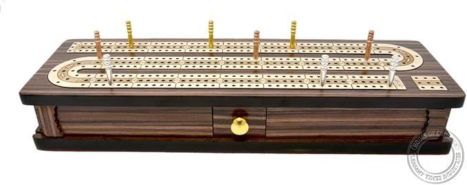 Continuous Cribbage Board/Box Inlaid in Rosewood/Maple 12" - 3 Tracks - Sliding Lid Drawer