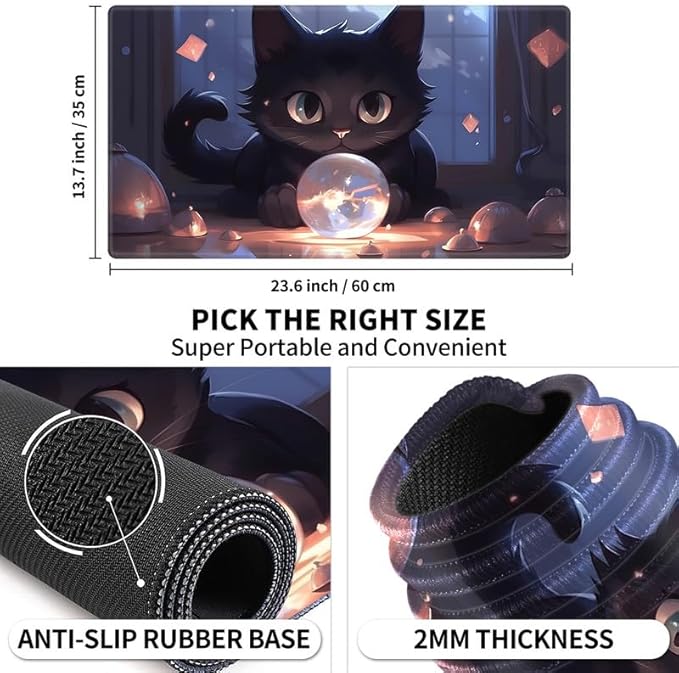 Playmat 24" x 14" Game Mats Tabletop Magic for MTG/TCG Cards, Trading Card Game Playing Stitched Play Mats Commander Deck Gaming Desk Mat Card Gameplay Mats, Cat Crystal Ball