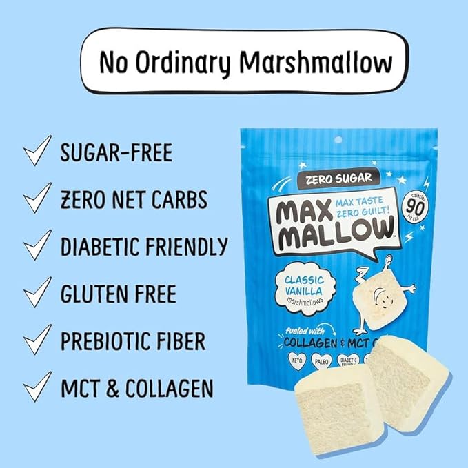Max Mallow Sugar Free Marshmallows - Keto Friendly, Perfect for S'mores, Hot Chocolate, and Baking with Zero Sugar Snacks, Smores Mct Oil Zero Sugar Marshmellow Marshmallow Classic Vanilla, 3 Pack