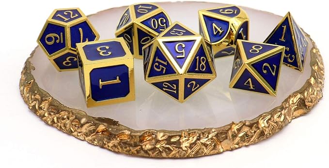 Haxtec Metal DND Dice Set 7 Die Gold Blue Metal D&D Dice for Dungeons and Dragons Games-Glossy Enamel Dice (Gold Blue)
