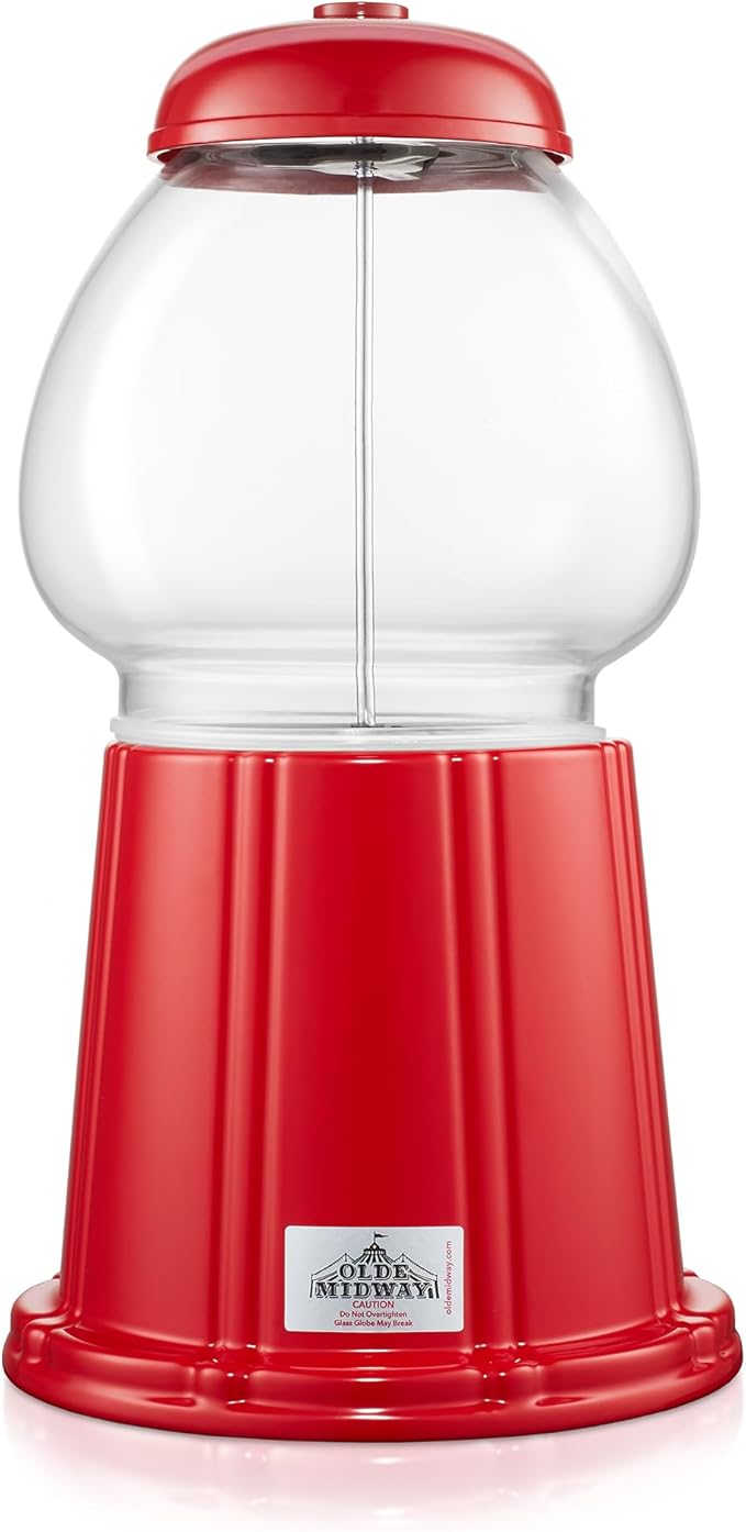 Olde Midway 12" Gumball Machine with Glass Globe and Metal Base - Red, Vintage-Style Bubble Gum Candy Dispenser