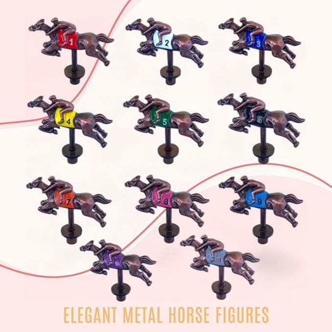 New Metal Horses Race Board Game With 11 Horses, 2 Dice and 2 Card Boxes - Thick Luxurious Wood Chessboard - Adult Party and Family Game Night