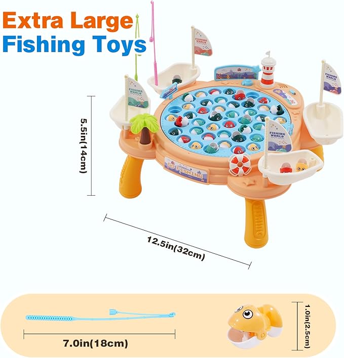 Ark miido Fishing Game Toy Set - 45 Fish, 4 Poles, Rotating Board with Legs On-Off Music Switch Family Board Game Multiplayer Game Toy for Kids Boys and Girls Age 3+