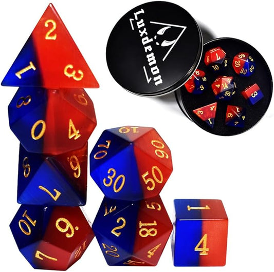 Gemstone DND Dice Set Natural Blue&Red Opal Dice Set 7Pieces D&D Dice Used in Dungeons and Dragons RPG Game（Cat's Eyes）