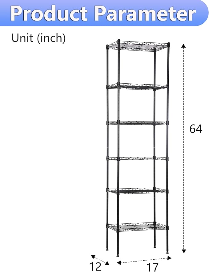 BestOffice Metal Garage Shelving 6 Tiers Garage Storage Shelves Heavy Duty 17”D x 12”W x 64”H Easy Assemble Wire Shelving NSF Certified Storage Shelves with Levling Feet for Home Garage Office, Black
