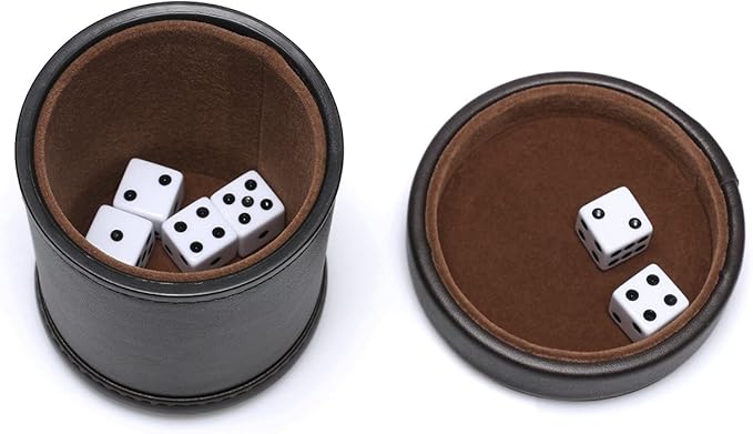 PU Leather Dice Cup with Lid, Dark Chocolate Leatherette and Dark Brown Felt-Lined Quiet Dice Shaker Cup, Including 6 Black Dot Dice for Liars Dice/ Farkle/ Yahtzee Games, 1 Pack