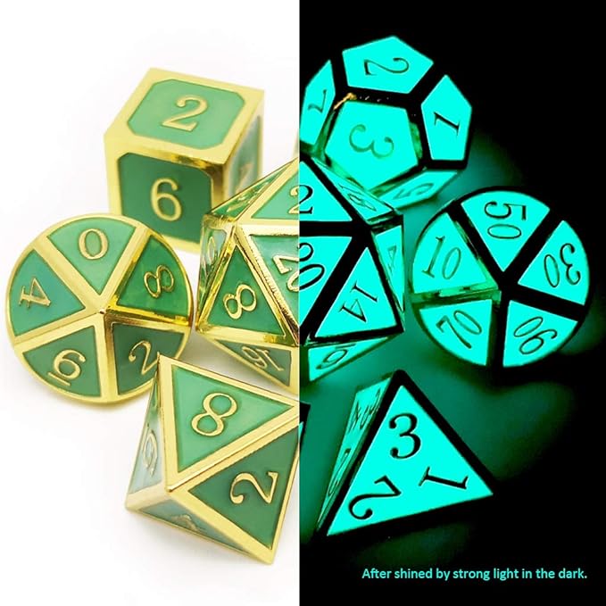 Haxtec Glow in The Dark Glowing Blue Metal Dice Set D&D W/Dragon Dice Bag 7PCS DND Dice Set for Dungeons and Dragons RPG Games-Gold Glowing Blue-V2