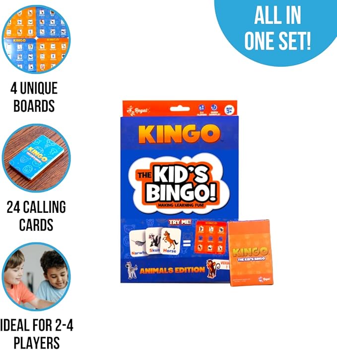 Regal Games Kingo Animals Edition Bingo Set - Fun Educational Word Games for Preschool & Kindergarten Kids - Learning Games for Family & Classroom - Vocabulary Builder, Phonics & Sight Word Games