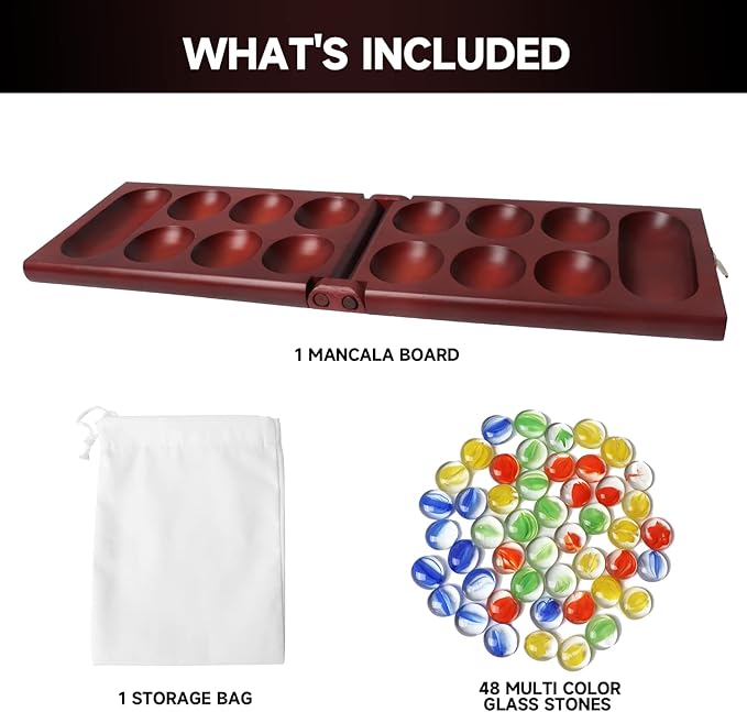 GSE Games & Sports Expert Folding Wooden Mancala Board Game with Multi-Color Glass Stones and Storage Bag, Portable Family Travel Strategy Games Set for Kids & Adults (Mahogany)