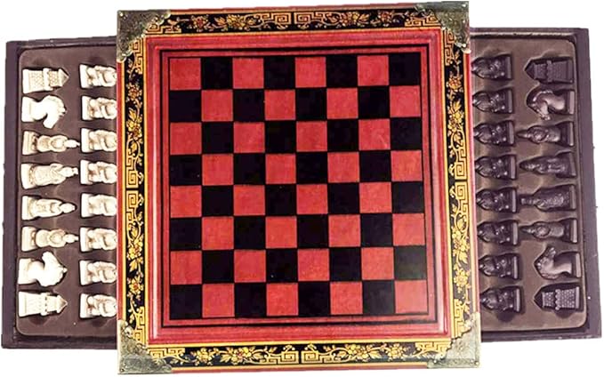 Retro Terracotta Warriors Chess Set for Kids and Adults Classic Family Board Game with Folding Wooden Chessboard 3D Resin Chess Pieces and Storage Slots (10.23×10.23 inch)
