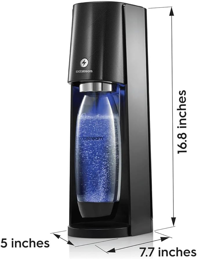 SodaStream - E-TERRA Soda Maker | VALUE BUNDLE | 3 Automatic Carbonation Levels | Includes 2x CO2 Cylinders, 3x 32 Fl Oz Dishwasher Safe Bottles, 2x Bubly Fruit Flavor Drops, 1x Power Adapter | Black
