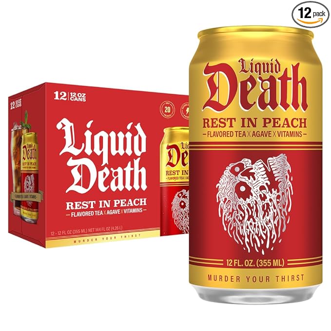 Liquid Death, Rest in Peach Iced Tea, 12-Pack (12 oz Cans), Peach Flavored Back Tea, Low Calorie, No Artificial Sweeteners, B12 & B6 Vitamins