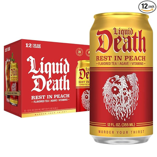 Liquid Death, Rest in Peach Iced Tea, 12-Pack (12 oz Cans), Peach Flavored Back Tea, Low Calorie, No Artificial Sweeteners, B12 & B6 Vitamins
