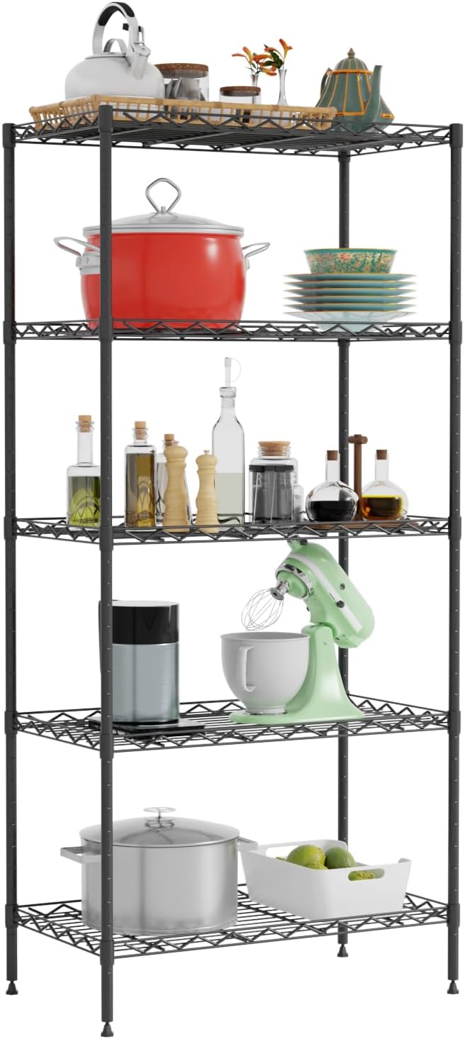 5-Tier Shelves Height Adjustable Storage Shelves Shelving Unit 11”Dx21”Wx48”H Wire Shelving NSF Certified Storage Shelf with Leveling Feet for Home Kitchen Garage, Black