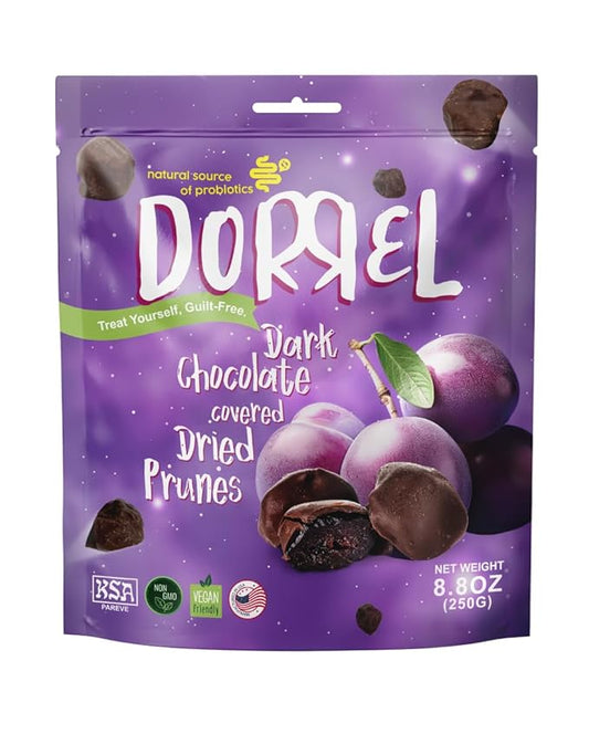 Dorrel Dark Chocolate Covered Dried Prunes - Nutritious and Sweet Snacks - Organic, Vegan - Natural Probiotic - Non-GMO - Kosher Pareve - Healthy, Dried Date Fruit Snack [8.8 Ounce] [1-Pack]