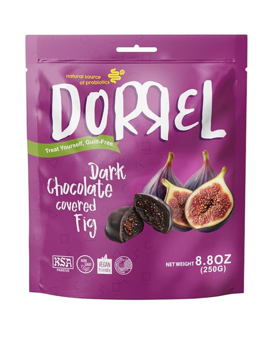 Dorrel Dark Chocolate Covered Figs - Nutritious and Sweet Snacks - Organic, Vegan - Natural Probiotic - Non-GMO - Kosher Pareve - Healthy, Delight Fruit Snack [8.8 Ounce] [1-Pack]